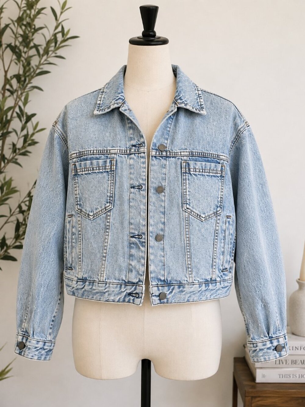 Free People We The Free Acid Wash Denim Jacket XS Oversized Cropped Jean Jacket